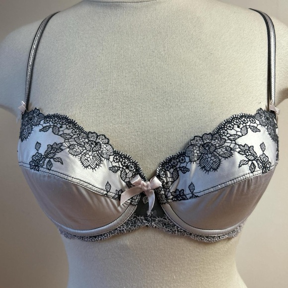 Vintage Allande French Fine Lingerie Floral Embroidered Bra Grey & Pink 34 C - Picture 1 of 8